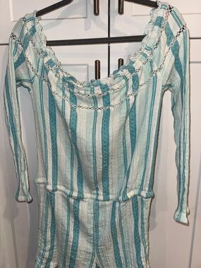 Roxy Teal and White Striped Off-Shoulder Romper